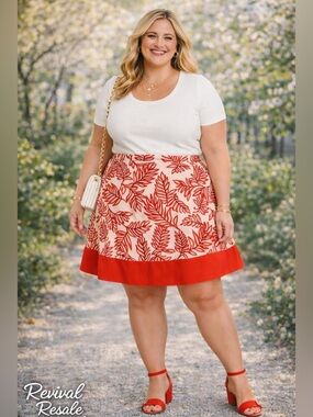 Lane Bryant Orange & White Leaf Print A-Line Skirt – Size 24 Pockets‎